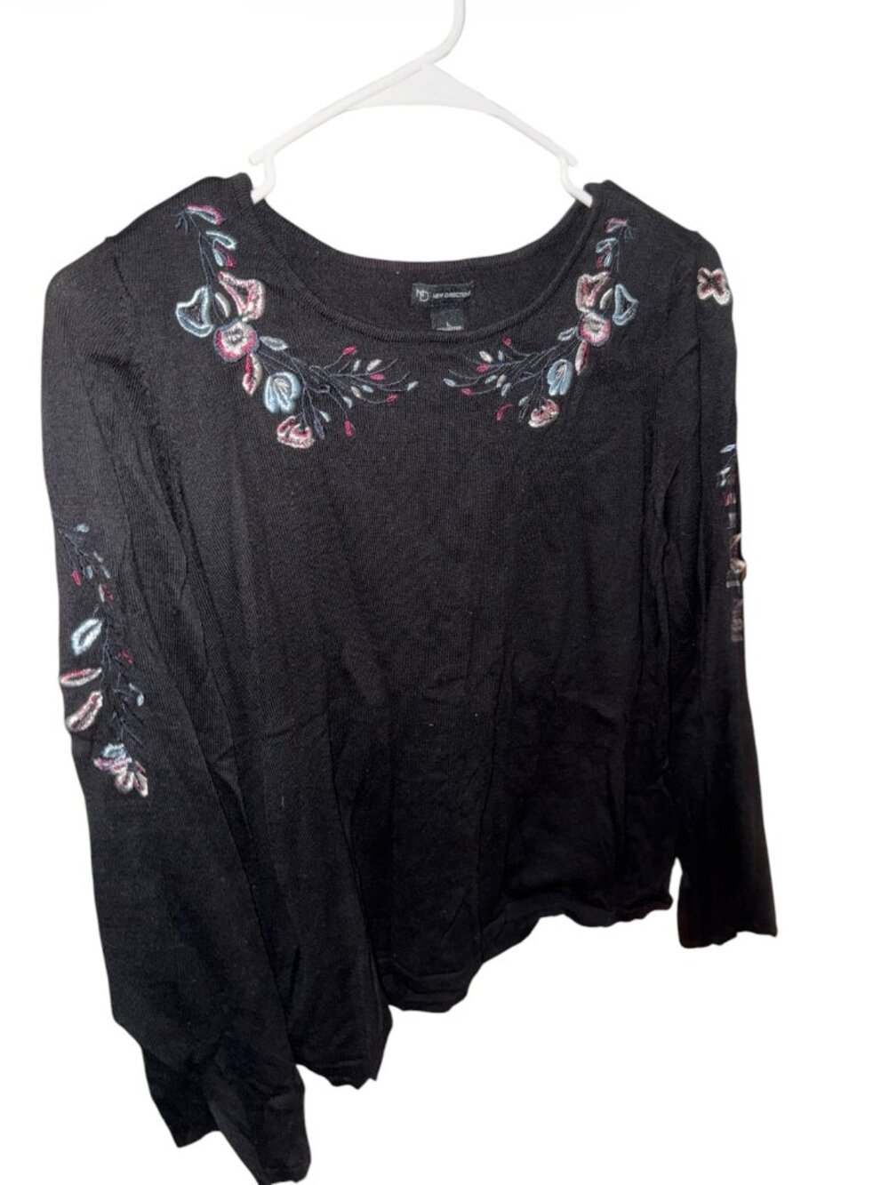 New Directions Black Floral Embroidery Design Long Sleeve Top Size Large